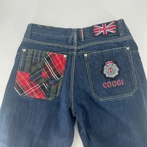 Coogi Mens Plaid Patchwork Embroidered Dark Wash Straight Leg Jeans W38 L34